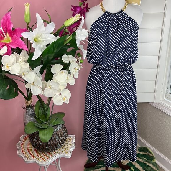 Michael Kors Navy White Stripe Keyhole Halter Midi Dress - Picture 1 of 12